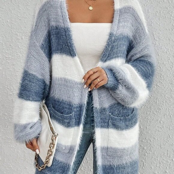 Multicolor Casual Women's Drop Shoulder Open Front Fluffy Knit Duster Cardigan - Picture 5 of 5